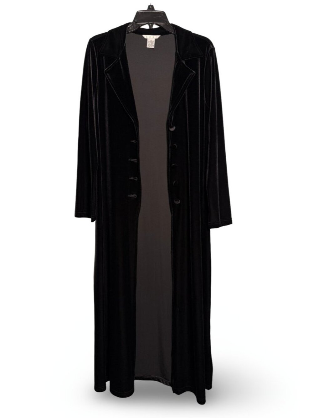 CAbi Black Velvet Duster Coat Womens M Long Maxi Whimsigoth Dark Romantic Goth